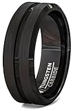 Mens Wedding Bands Black Tungsten Ring Brushed with Center Groove and Beveled Edges