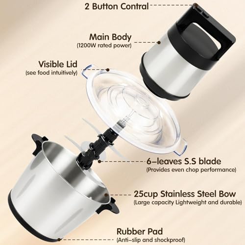 Meat Grinder 6L Large Capacity, 1200W Heavy Duty Electric Food Processor for Frozen Meat, Vegetable and Nuts with 3-Layer Blades & Stainless Steel Bowl, Dishwasher Safe, for Family BBQ, Keto Meal