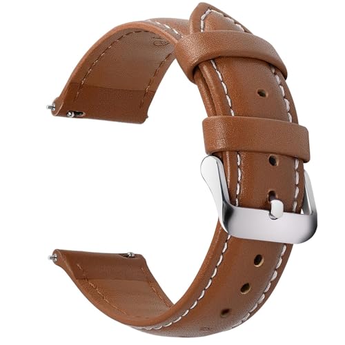 Fullmosa Watch Strap, Vintage Leather Strap Replacement for Smartwatch and Universal Watch with Stainless Steel Clasp for Men and Women, Brown+Silver Buckle, 22MM