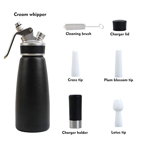 Xindinyi Professional Whipped Cream Dispenser 500 Milliliter Aluminum Cream Canister With 3 Nozzle, 1-Pint Homemade Whipped Cream Maker, Black (Cartridges Not Included)