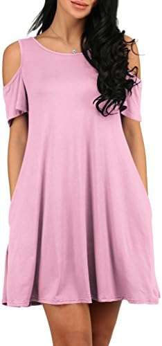 MONIKEEN Women's Summer Cold Shoulder Loose Casual Swing T Shirt Dress Top With Pockets