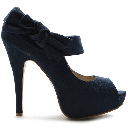 Ollio Women's Shoe Platform Open Toe High Heel Ribbon Accent Multi Color Pump ZM13909(6.5 B(M) US, Navy)