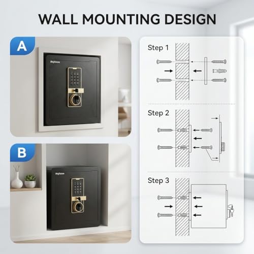 Asylosss 53L Home Safe with Hidden Code Drawer, 3-Layer Storage & Adjustable Shelf, Heavy Steel Multipoint Bolts, Triple Access, Dual Alarm, Wall Mountable – for Cash, Jewelry, Documents
