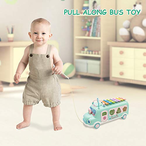Lydaz Pull Along School Bus Toy with Xylophone, Shape Sorter (6 Alphabets Blocks), Multifunctional Vehicles for Baby Toddlers Kids Boys Girls Preschool