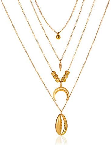 NancyMissY ボヘミアンゴールドムーンシェルペンダントネックレス4層レディースロングネックレスファッションシンプルチェーンネックレスジュエリー