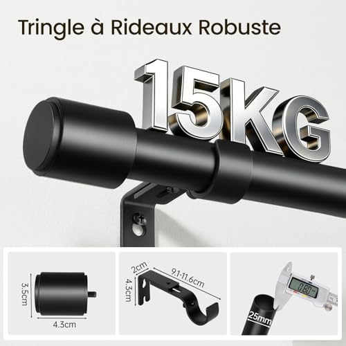 DEFYNEE Curtain Rod 81-218 cm Matt Black, Diameter 25 mm, Metal Rod for Eyelet Curtains, Extendible Ideal for Bedrooms, Living Rooms & French Doors