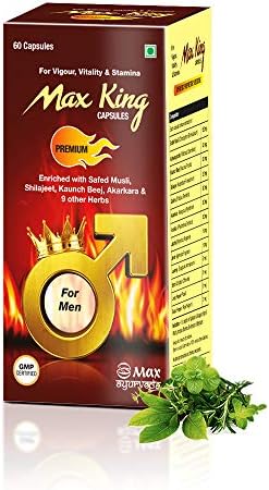 Max Ayurveda King Premium Enriched with Safed Musli, Irani Akarkara, Kaunch Beej, Shilajit & 9 More Herbs - 60 Capsule