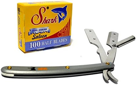 Stainless Steel Professional Barber Gray Straight Edge Razor with 100 Count Shark Single Edge Razor Blades