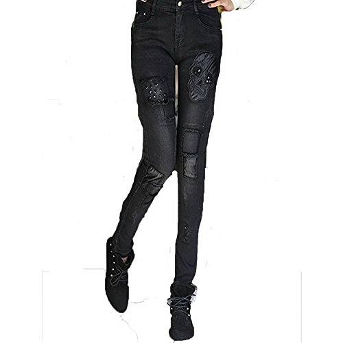 D Zroid Slim Skull Cotton Denim Jeans Female Pants Trouser Women Black L