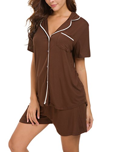Invug Women Short Sleeve Nightwear Shirts Shorts Pajama Set Sleepwear Loungewear Brown L