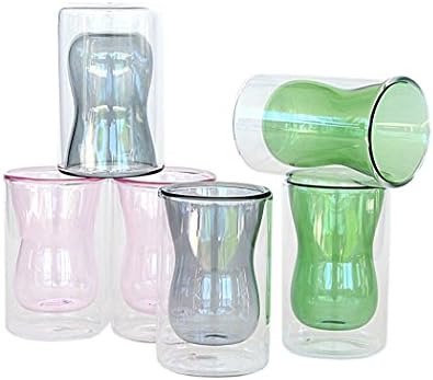 Tianyuan Double Wall Glass Espresso Coffee Cup& Shot Glass, Set of 6 (Pink, Smoke, Green)