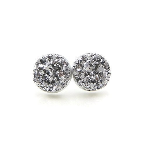Metallic Silver-Tone, Faux Druzy Stone Studs Plastic Post Earrings, 12mm