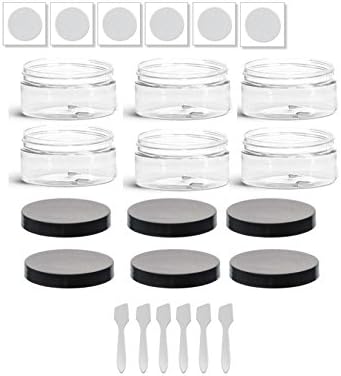 Clear Plastic Low Profile 2 oz Jars with Black Lids, Labels, and Spatulas (6, 2oz)