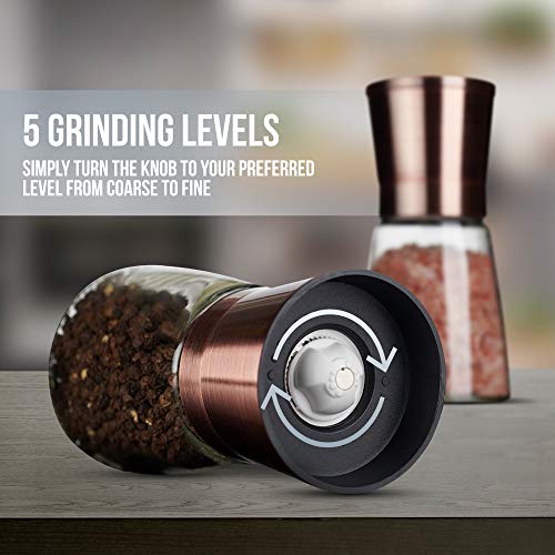 Traycon Salt And Pepper Grinder Set (2 Pc.) Copper Colored Stainless-Steel, Glass Base/Kitchen, Dining Room Accessory/Spices, Himalayan Pink Salt, Peppercorn/With Bonus Black Silicon Stand