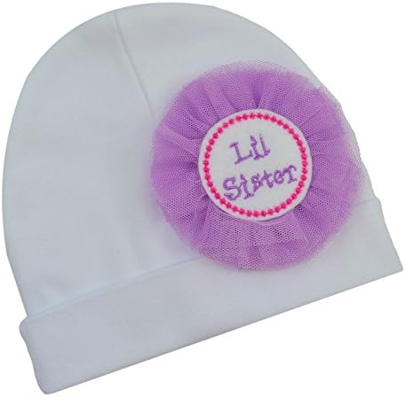 Little Sister Baby Hat with Felt Lil Sister Embroidered Appliqué and Tulle Flower By Funny Girl Designs (WHITE HAT/PURPLE FLOWER)