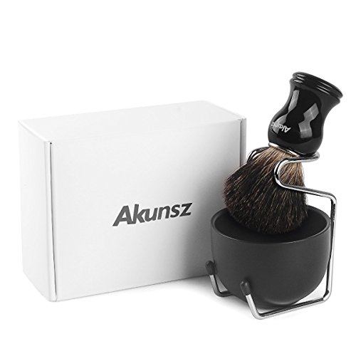 Shaving Brush and Bowl, AKUNSZ Shave Kit: Pure Badger Shaving Brush + 3.2" Black Stainless Steel Shaving Bowl + Shave Stand - Shave Brush Kit