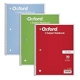 TOPS/Oxford 1-Subject Notebooks, 8" x 10-1/2", Wide Rule, 70 Sheets, 3 Pack, Color Assortment May Vary (65029)