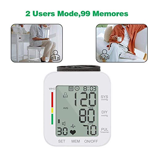 Wrist Blood Pressure Monitor, Digital BP Monitor with Memory Storage, Intelligent LCD Display Automatically Measure Pulse Diastolic Systolic and Shows Hypertension Level (White)