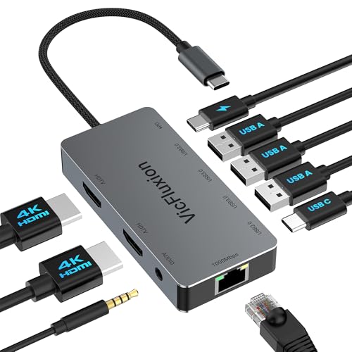 USB C Docking Station Dual Monitor, 9-in-1 USB Hub with 2 HDMI 4K@60HZ, 1×1000Mbps Ethernet, 3× USB 3.0, 1× Type C, 1× PD Charging, 1×3.5mm Audio, Dock for Laptop/Computer/Tablets/Windows