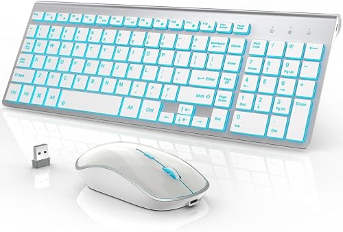 JOYACCESS Teclado y Mouse Inalámbrico Recargable Retroiluminación Blanco | RGB 7 Opciones 2.4G Inglés QWERTY
