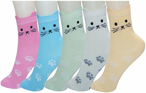 Yahangkj 5 Pack Kids Girls Cotton Novelty Cute Cats Crew Socks (5-7Years, YH-2-1)