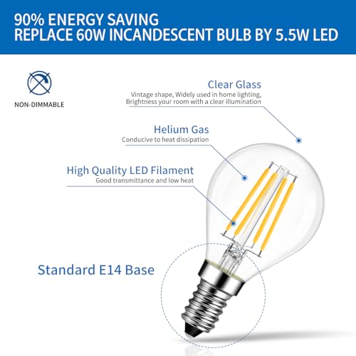 ANWIO 6 × 5.5 W LED Filament Bulb, Equivalent to a Power of 60 W, Warm Light LED Bulb with E14 Base, 806 Lumens, 2700 K Warm White, Retro Style G45 Bulb, Non-Dimmable.