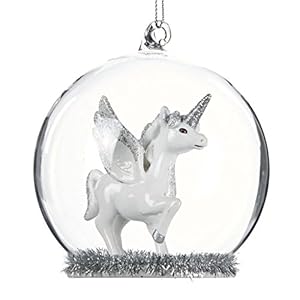 Goodwill Hars Eenhoorn in Hand Geblazen Glas Bal Decoratie 11 Centimeter Wit en Zilver