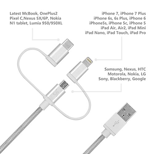 CyberTech 3 in 1 Replacement Cable, Micro USB and USB C for iOS Android Charging and Syncing Compatible with iPhone,Samsung,LG,Nexus and More, Cable tie Included (Silver 2 pcs)