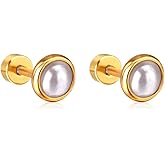 18G Pearl Screw Back Small Stud Earrings for Women Minimalist 14K Gold Plated Surgical Steel Cartilage Tragus Piercing Sleeper Studs Hypoallergenic for Sensitive Ears Valentine's Day Birthday Gift