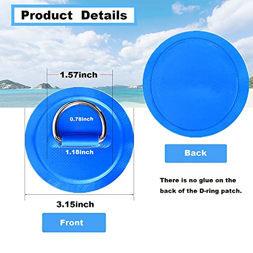 YUNNLEZT D-Ring Patch Kit, 6 Piece Stainless Steel D-Ring Patch Pads with 16ft Blue Elastic Bungee Cord for SUP PVC Inflatable Boat Kayak Canoe