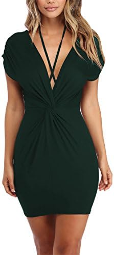 Linsery Women's Short Sleeve Deep V-Neck Little Bodycon Clubwear Dress S Green