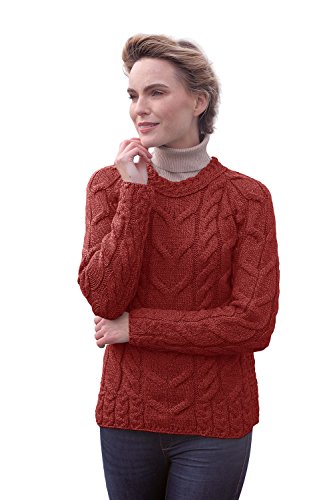 Carraig Donn Ladies Irish Multi Cabled Raglan Super Soft Merino Wool Sweater (Medium, Jam Red)