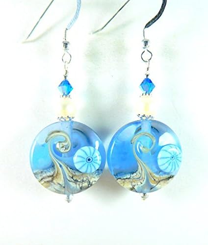 Blue Beige Ocean Wave Glass Cultured Freshwater Pearl Sterling Silver Dangle Earrings Beach Jewelry