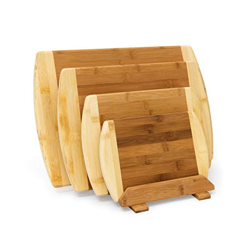 Relaxdays Chopping Board Bamboo Set Of 4 With Stand: 28 x 44 x 30 cm Cutting Board Set Four In Different Sizes Two-Colored Wood Double-Sided, Knife Blade Protecting Breakfast Board, Natural Brown