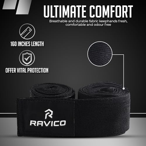 RAVICO Boxing Hand Wraps with Thumb Loop | Premium Cotton Hand Wraps for Boxing, Muay Thai, MMA, Kickboxing, Martial Arts Wraps for Men & Women 4 Meter, 160 Inch (Pair)