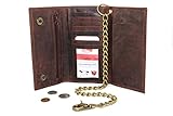 Men's Biker's Rusty Brown Leather Long Tri-fold Chain Wallet Crazy Horse 312 RFID Signal Blocking Checkbook