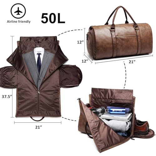 Leather Garment Duffle Bag, 50L Waterproof Travel Bag with Suit Compartment, Shoe Storage, available Black or Brown (Brown)