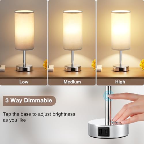 Aooshine Bedside Lamps, Table Lamp with 2 USB Charging Ports & 3-Way Dimmable Touch Control, Touch Lamps Bedside with Grey Shade, Small Lamp with for Bedroom/Living Room/Study(Bulb Included)