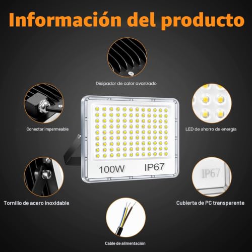 YIQIBRO 100W LED Outdoor Spotlights 2 Pieces, 10000LM 6500K Super Bright Cool White Outdoor LED Lights, IP67 Waterproof Projector for Garden, Terrace, Garage, Warehouse, Factory, Workshop