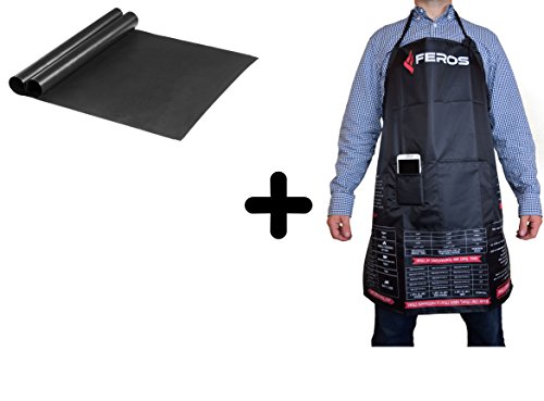 FEROS KIT - (3 Items!) 2 Non Stick BBQ Grilling Mats + FEROS Apron With 3 Pockets, Adjustable Neck, and Grilling Tips.