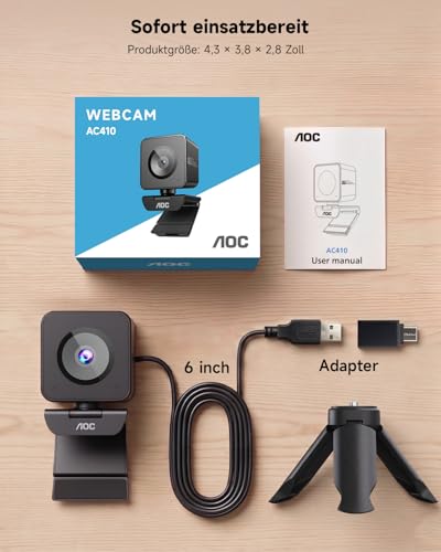 AOC UHD Webcam 4K, Webcam with Lens Cover & Dual Microphone, 75° Streaming Camera with Auto Focus, Automatic Light Correction, Plug & Play, PC Camera for Conferences, FaceTime, Linux, Win10, Mac OS