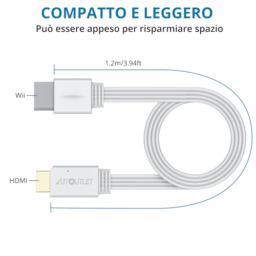 AUTOUTLET Wii to HDMI Adapter, 1080P/720P Wii to HDMI Converter, Cable Length 120 cm, Supports All Wii Display Modes, for HDTV and Monitor, White