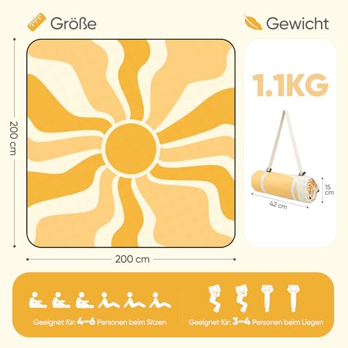 Sekey Picnic Blanket Waterproof 200 x 200 cm, Beach Blanket Sand-Free | Padded, Three-Layer Structure, PEVA Waterproof Base, Tie Strap Carry Strap, Suitable for Picnics, Camping, Beach