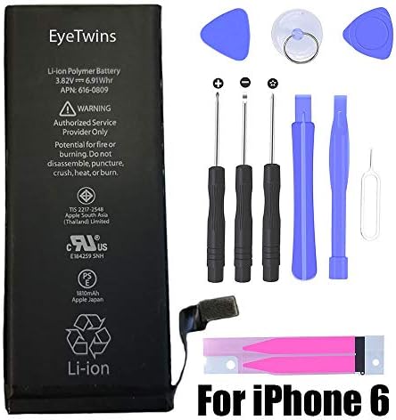 Eyetwins Replacement Battery Compatible with iPhone 6 - Repair Kit with Tools, Adhesive Strips 1810 mAh 0 Cycle Battery - 24 Month Warranty