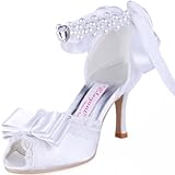 ElegantPark A3202 Women's Pumps Peep Toe High Heel Bow Lace Edge Pearls Ribbon Satin Wedding Party Shoes