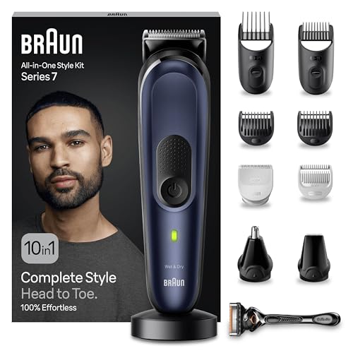 Braun Tondeuse Electrique Tout-En-Un Series 7 MGK7410, Kit 10-En-1 Avec Sabot Pour Zones Sensibles Et Rasoir Gillette, Coffret De Rasage Avec Accessoires, Conçue Pour Raser Barbe, Cheveux Et Corps