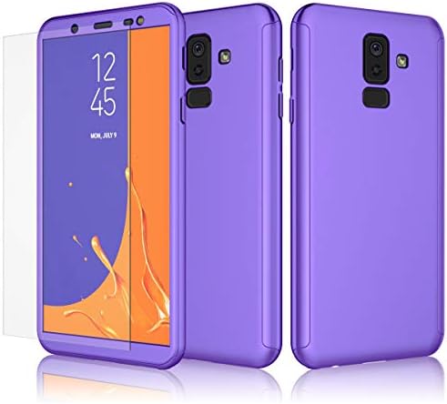 360° Full Cover Protector Hybird Case + Tempered Glass with Built in Screen Protector for Samsung Galaxy J8 2018 (Purple)