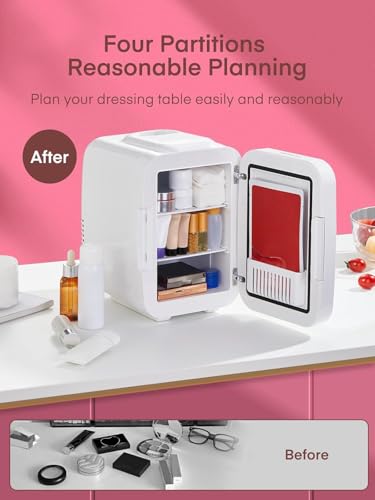 FOHERE Mini Fridge for Bedrooms, 5L/6 Can Portable Skincare Fridge with Dimmable LED Light Mirror, Cooler & Warmer for Food, Drinks and Cosmetic, Small Refrigerator for Home Office