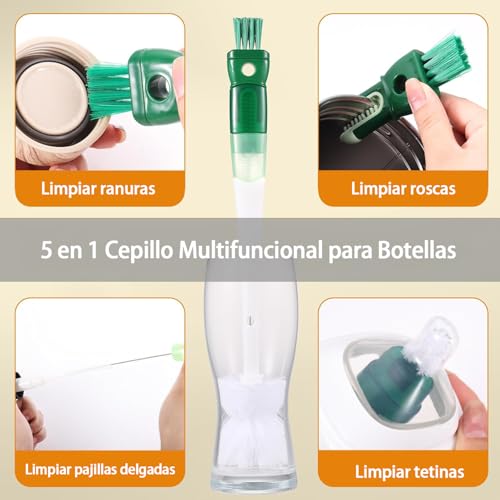 WINCHEERS Kit de 5 Cepillos Limpiabotellas 5 en 1 - Cepillo para Botellas con Mango Largo - Incluye 3 Cepillos para Pajillas, Cepillo para Tetinas Extraíble y Cepillo Detallador para Ranuras de Tapas