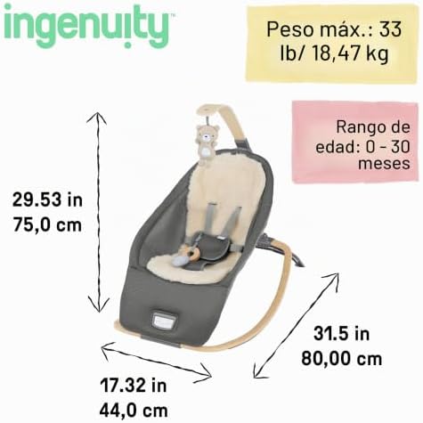 , Asiento Mecedor 2 en 1 Every Season, Tejido Apto para Frío y Calor, Barra de Juguetes Desmontable Hecha de Madera Sostenible, Música, Vibración, 0-30 Meses, Gris